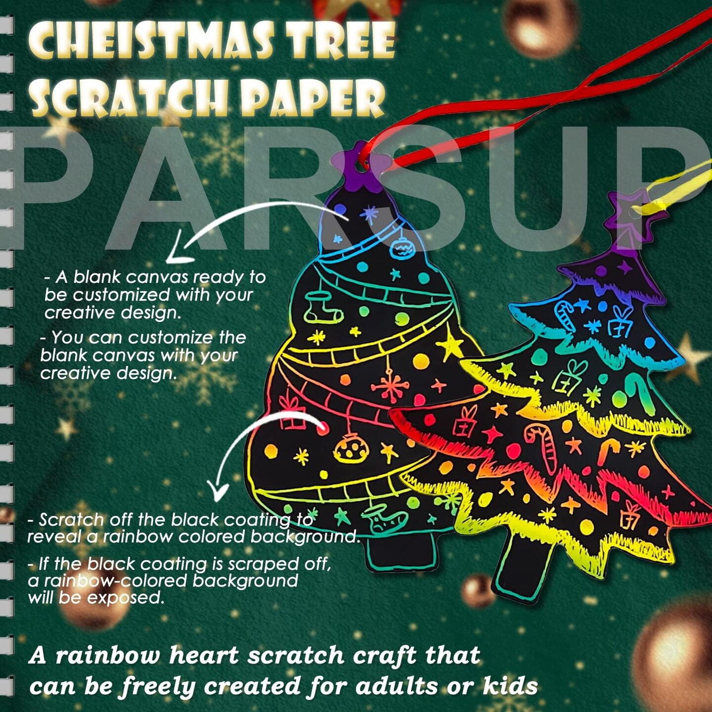 96Pcs Christmas Tree Scratch Paper Rainbow Color Scratch Ornaments Christmas Decorations Hanging Craft Art Kits with Wooden Stick and Ribbon for Kids Christmas Winter Party Favors