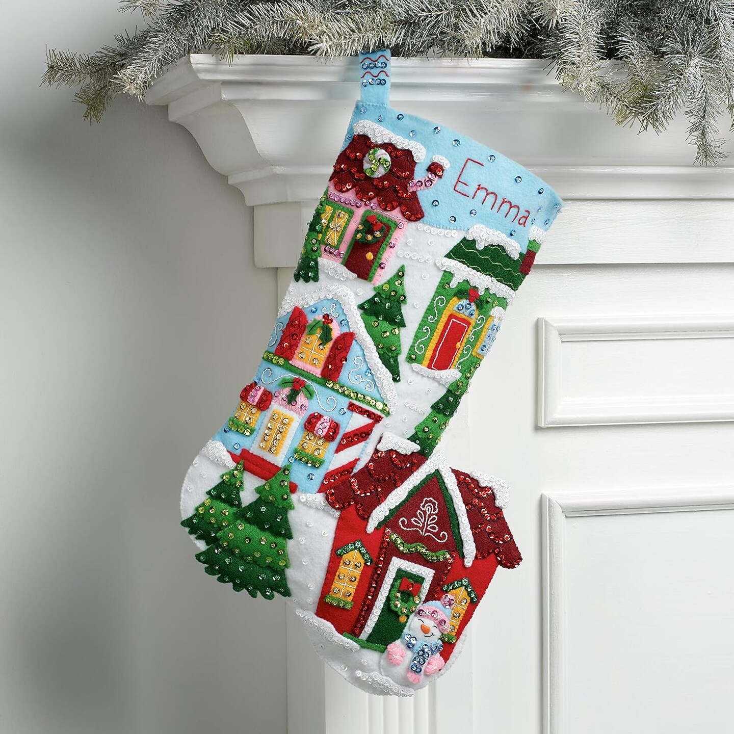 Felt Applique 18" Stocking Making Kit, Christmas Town, Perfect for DIY Arts and Crafts, 89528E