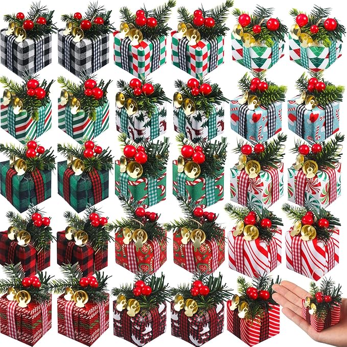 30 Pcs Christmas Tree Mini Gift Boxes Xmas Tree Tiny Present Boxes Ornament Christmas Hanging Ornament Decoration with Bells, Christmas Berries for Indoor Outdoor Xmas Tree Party Holiday Decor