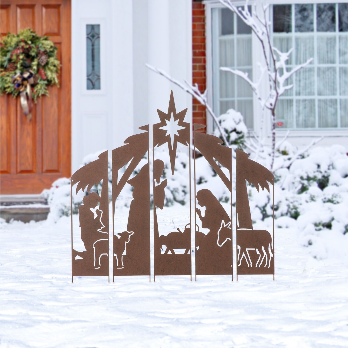 41.5&#x22;H Metal Snowman Family/Nativity Combo Yard Stake