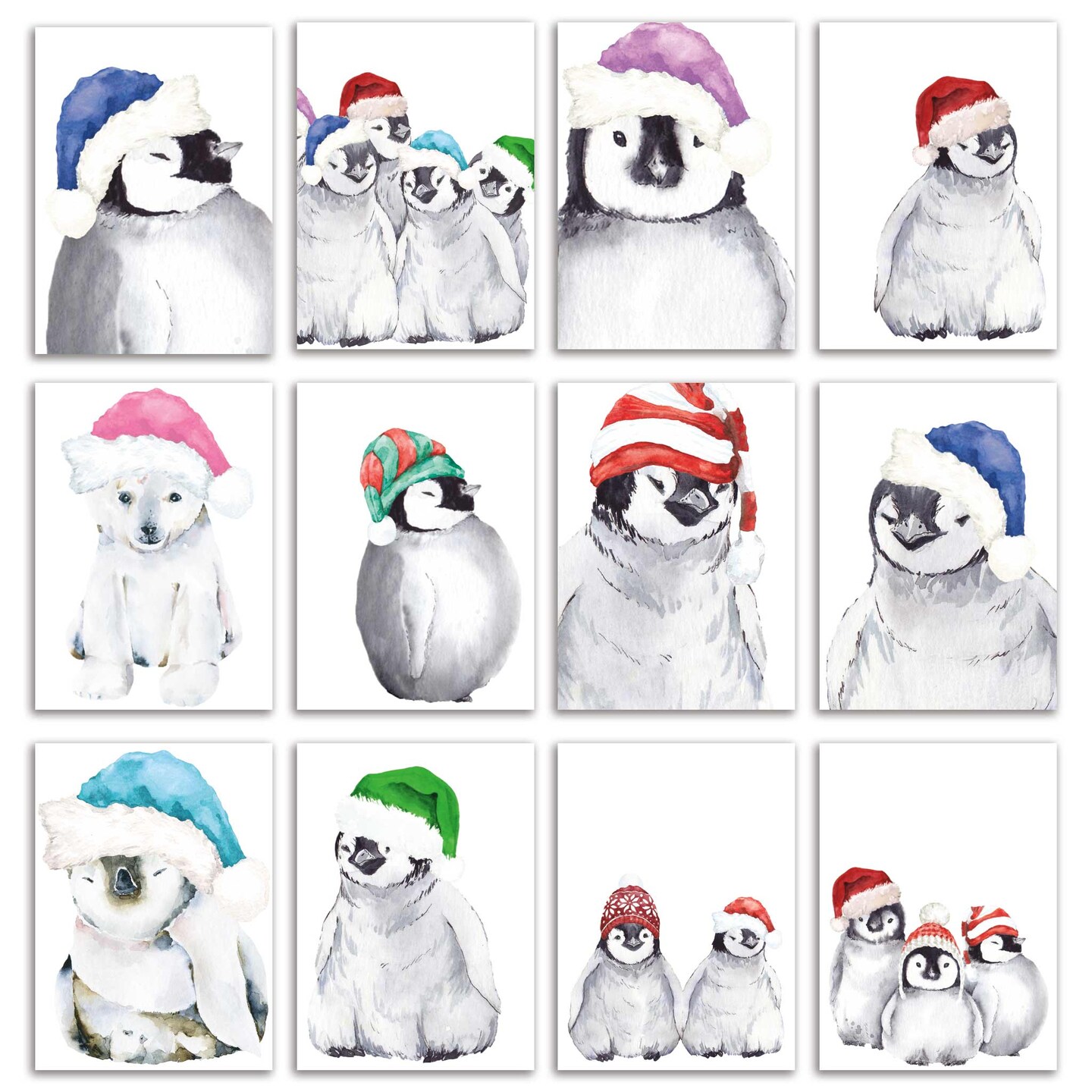 Cute Christmas Cards for Kids - 24-Pack Holiday Greeting Cards with Adorable Baby Penguins and Polar Animals in Santa Hats, Perfect for Teachers, Kids, and Family, Blank Inside for Personalized Messages - Whimsical and Festive Stationery Set