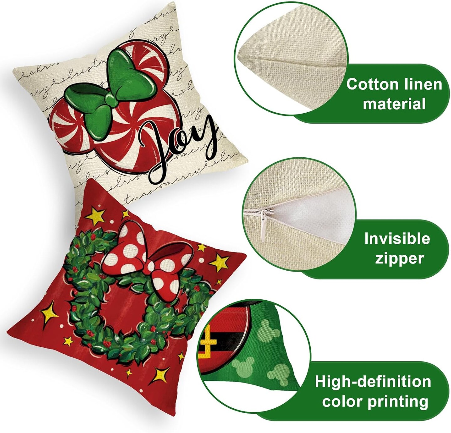 Merry Christmas Decorative Throw Pillow Covers 18 x 18 Set of 4, Xmas Candy Cane Wreath Red Green Bow Cushion Case Decor, Noel Joy Winter Holiday Farmhouse Home Sofa Couch Decoration