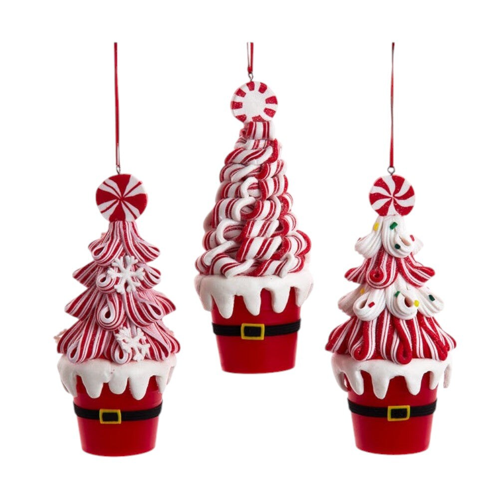 6.25&#x22; Candy Swirl Tree in Santa Bucket Ornaments &#x2013; Set of 3 Assorted Festive Christmas Decorations