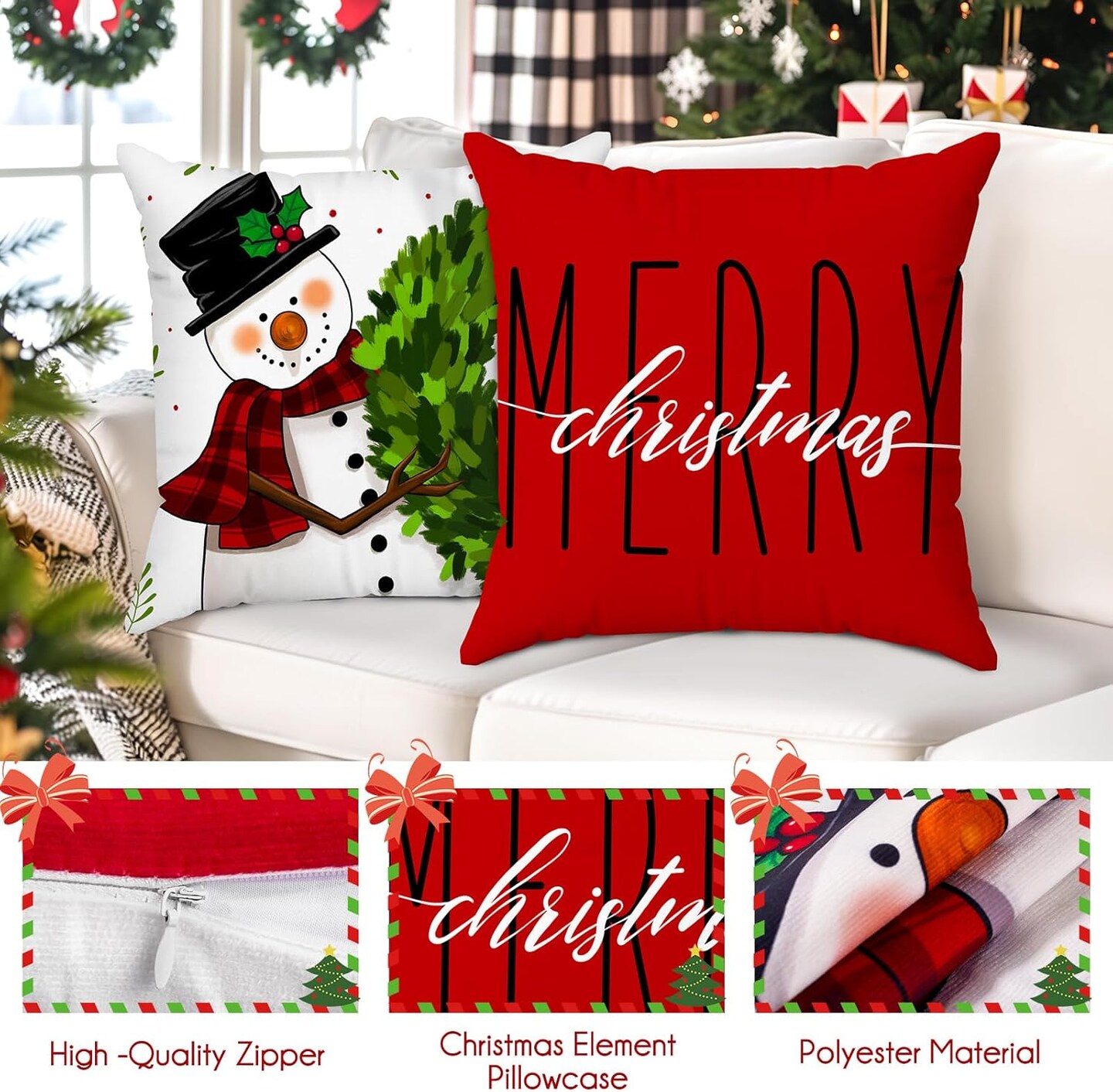 Red Christmas Pillow Covers 18x18 Set of 4 Christmas Decorations Winter Holiday Decor Throw Cushion Case for Home Couch