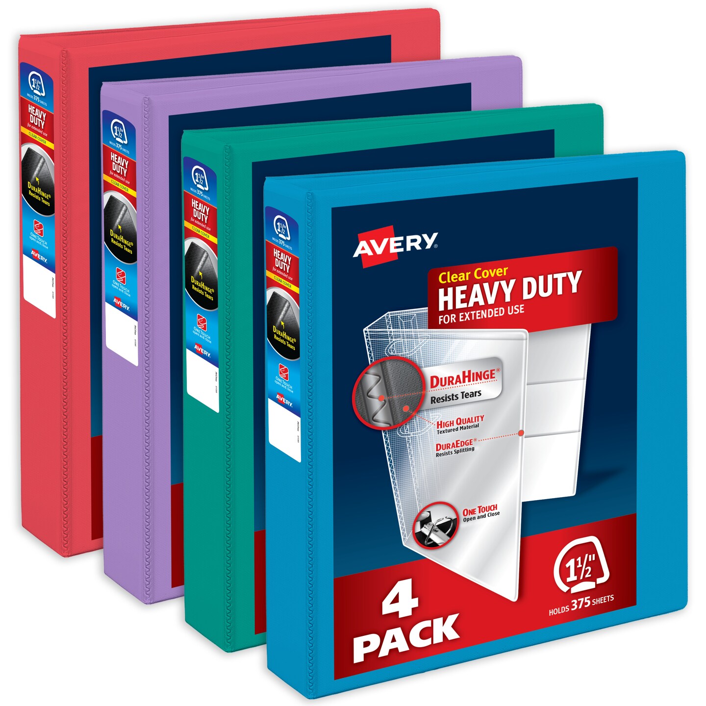 Avery Heavy-Duty View 3 Ring Binders, 1.5 Inch One Touch Slant Rings, 375-Sheet Capacity, DuraHinge, 2.1 Inch Wide Spine, Customizable Clear Cover and Spine, Assorted Bright Colors (4-Pack of 79633)