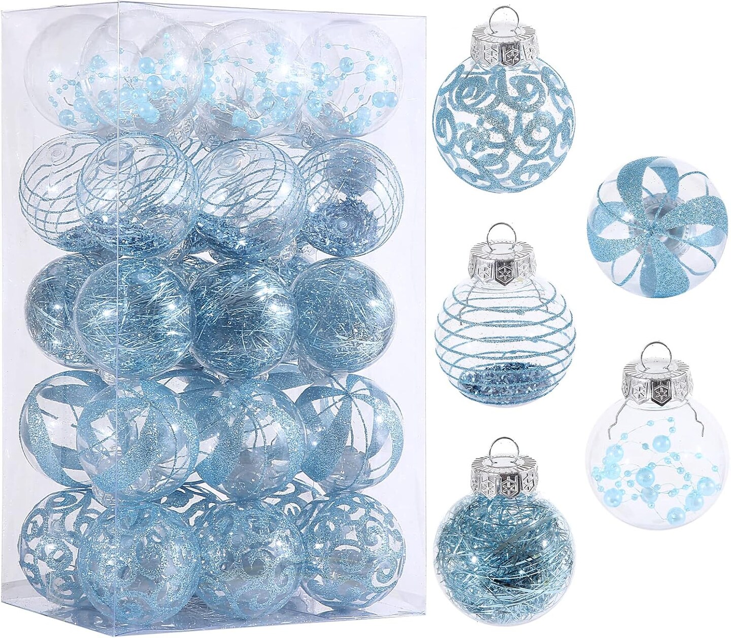 60MM/2.36&#x22; Christmas Ornaments Set, 30pcs Clear Christmas Ornaments Blue Shatterproof Decorative Baubles for Xmas Tree Decorations Crystal Ornament Balls for Wedding Holiday Party Indoor Outdoor Decor