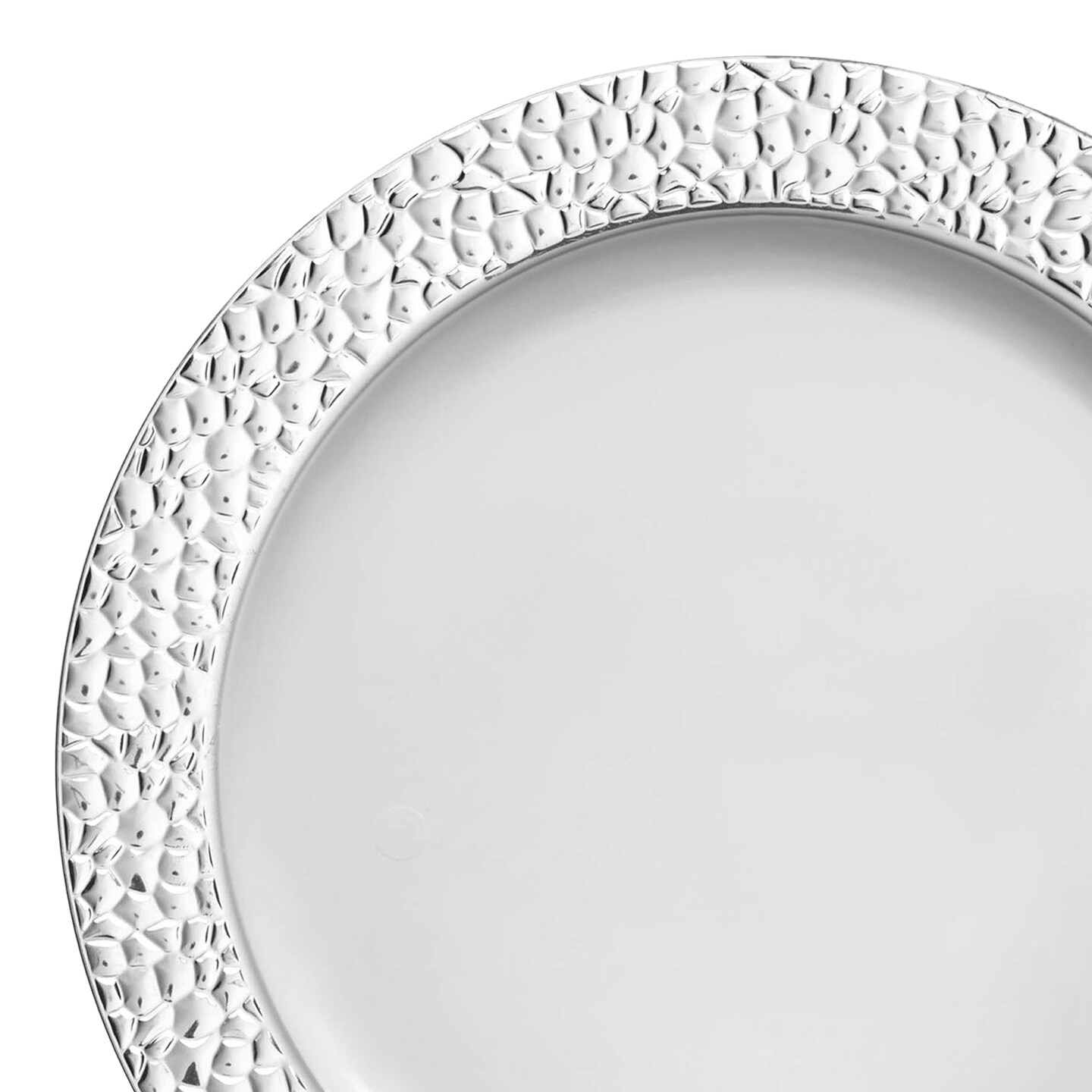 White with Silver Hammered Rim Round Plastic Dinner Plates - 10.25&#x22; (120 Plates)