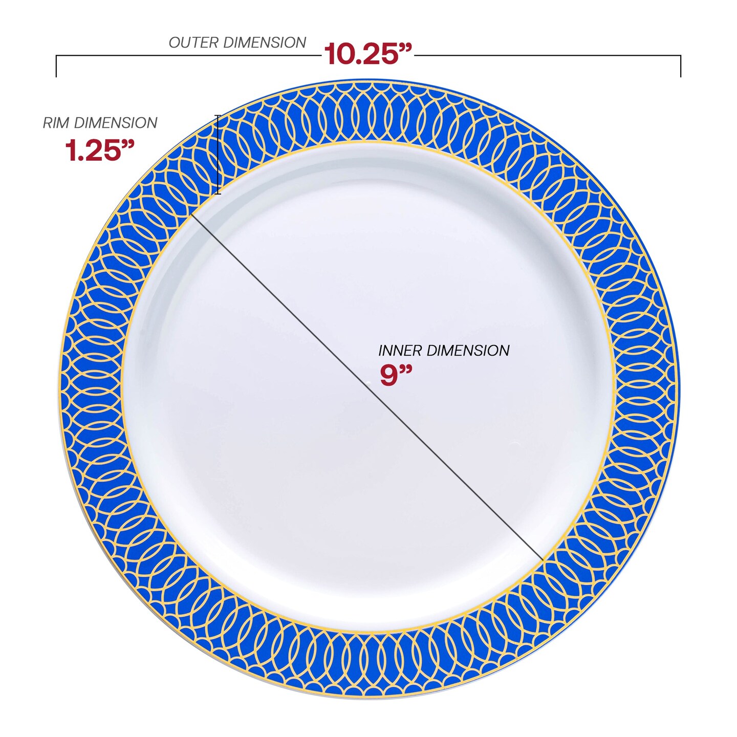 White with Gold Spiral on Blue Rim Plastic Dinner Plates - 10.25&#x22; (120 Plates)