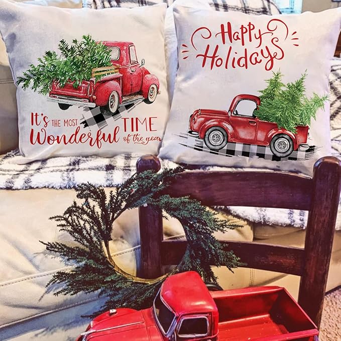 Red Truck Christmas Decor Outdoor Christmas Throw Pillow Covers 18x18 for Home Car Office, Set of 2