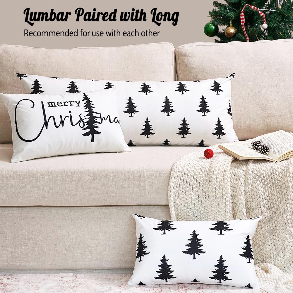Black and White Christmas Tree Lumbar Pillow Covers 12x20 Set of 2, 12 x 20 Black Neutral Christmas Decor Lumbar Pillow Covers, Xmas Winter Holiday Throw Pillows for Sofa Couch Bed
