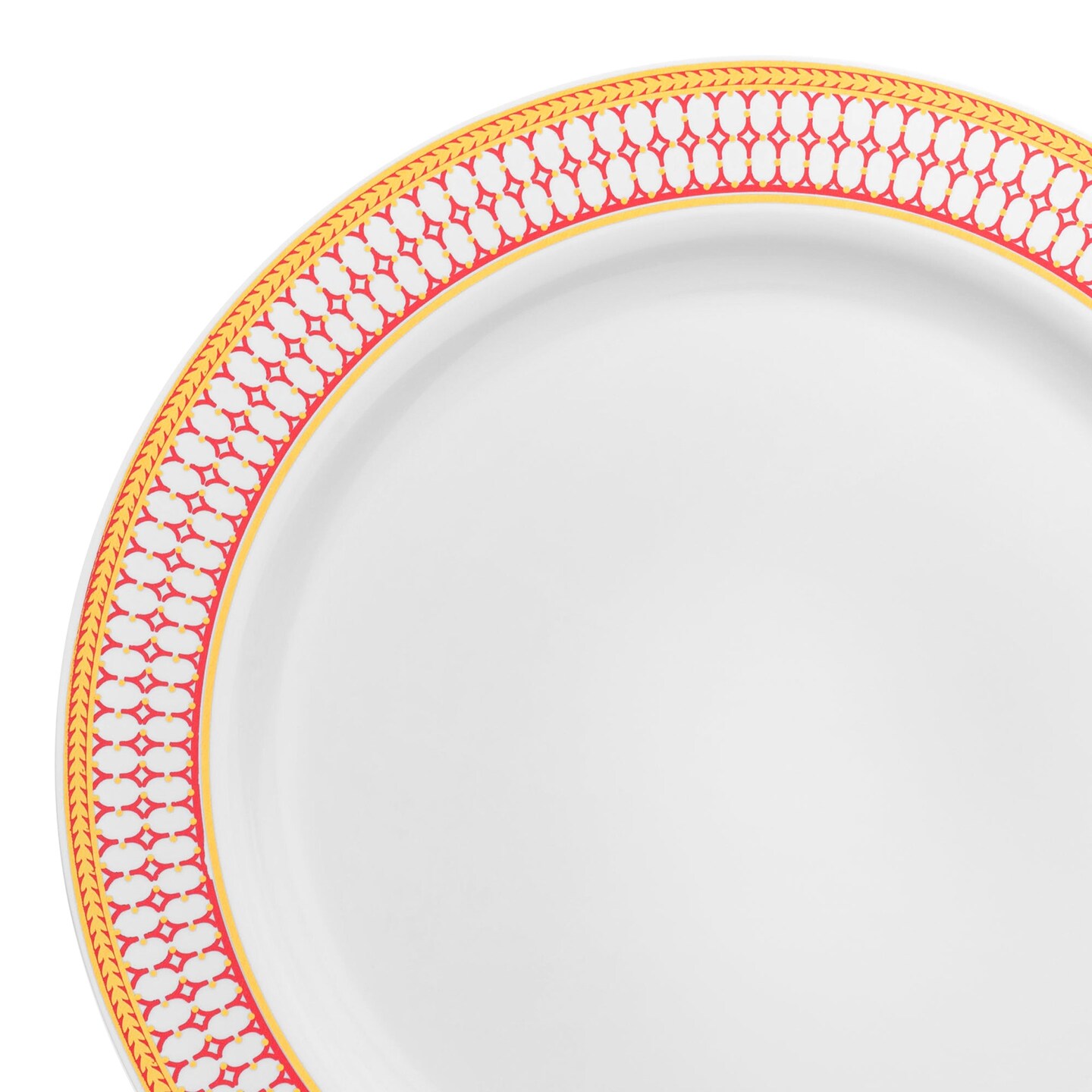 White with Red and Gold Chord Rim Plastic Dinner Plates - 10.25" (120 Plates)