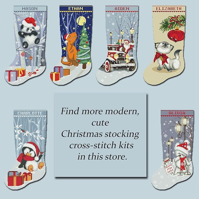 Stamped Personalized Christmas Stockings Cute Xmas Dinosaur Needlepoint Counted Easy Simple Cross-Stitch Patterns for Beginners, Embroidery Kit for Holiday Home Decor DIY