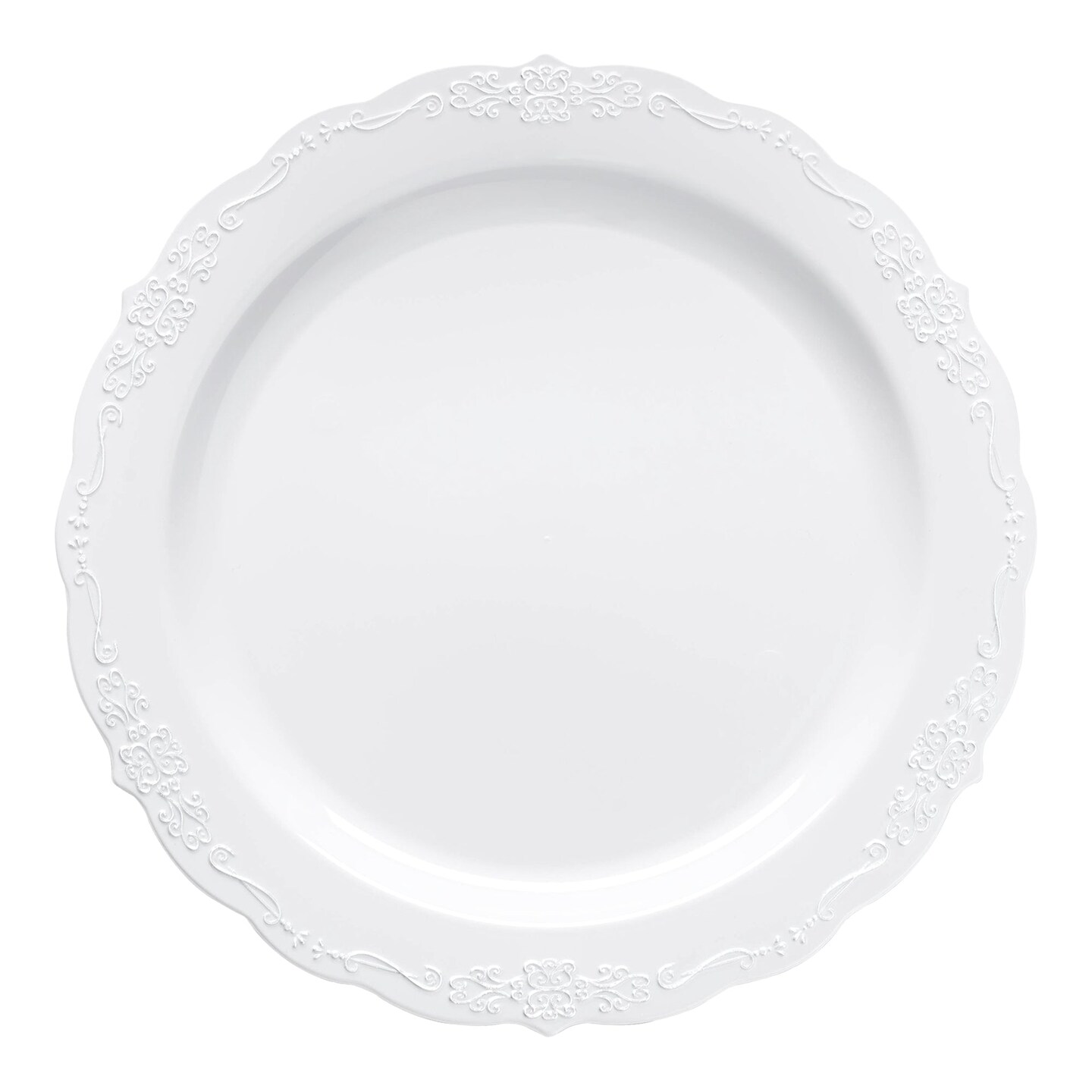 White with Silver Vintage Rim Round Disposable Plastic Dinner Plates - 10" (120 Plates)