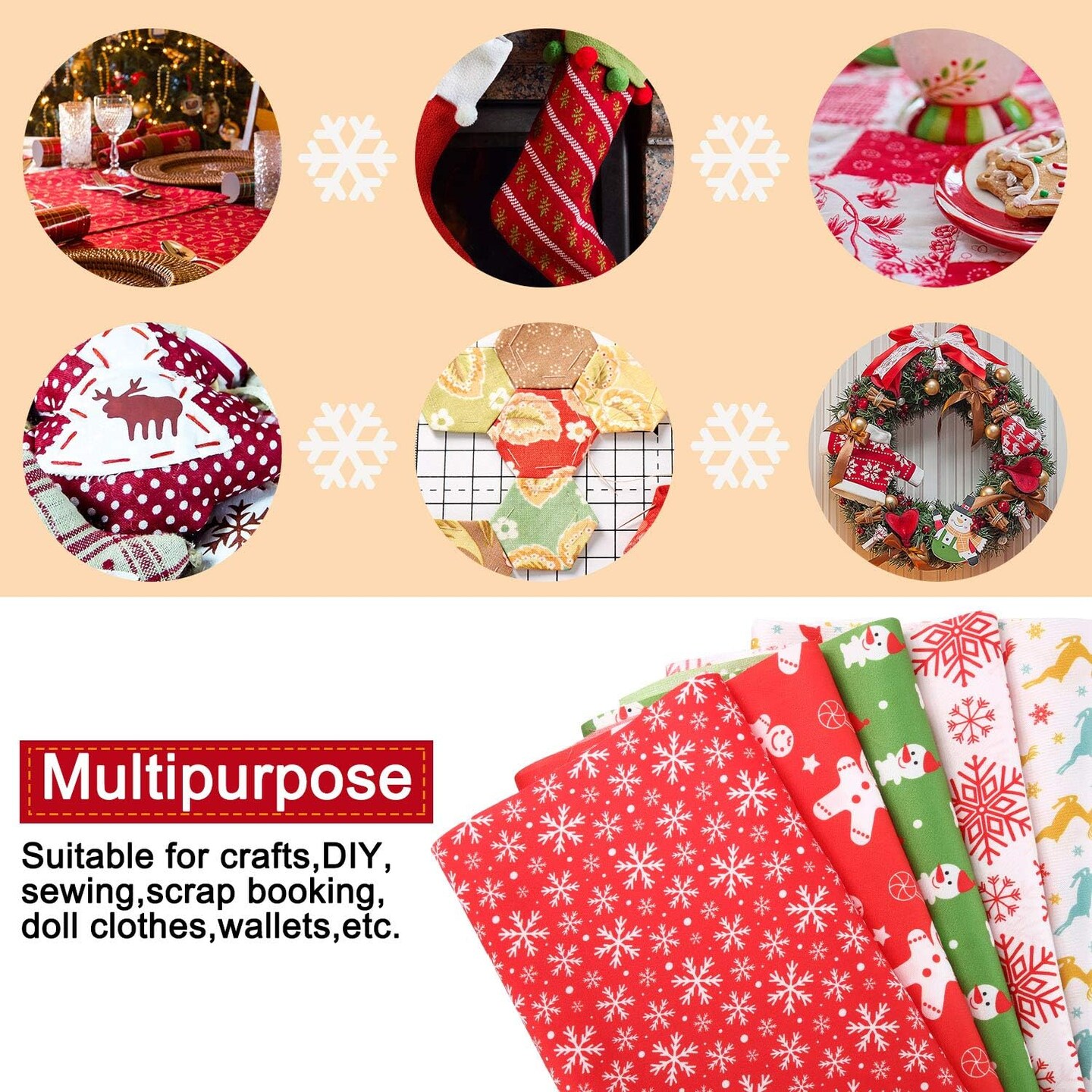 10 Pieces 20x20inch Christmas Fabric Squares Christmas Cotton Quilting Fabric Christmas Fat Quarters by The Yard Snowflake Print Red Green Precut Patchwork Fabric for DIY Xmas Sewing Crafting