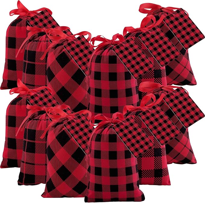 Aneco 12 Pieces Mini Christmas Cotton Buffalo Plaid Red and Black Plaid Drawstring Bag 7.8 by 5.9 Inches Stocking Storage Sack Xmas Bag Candy Sack Party Favors Bags with 20 Christmas Tags
