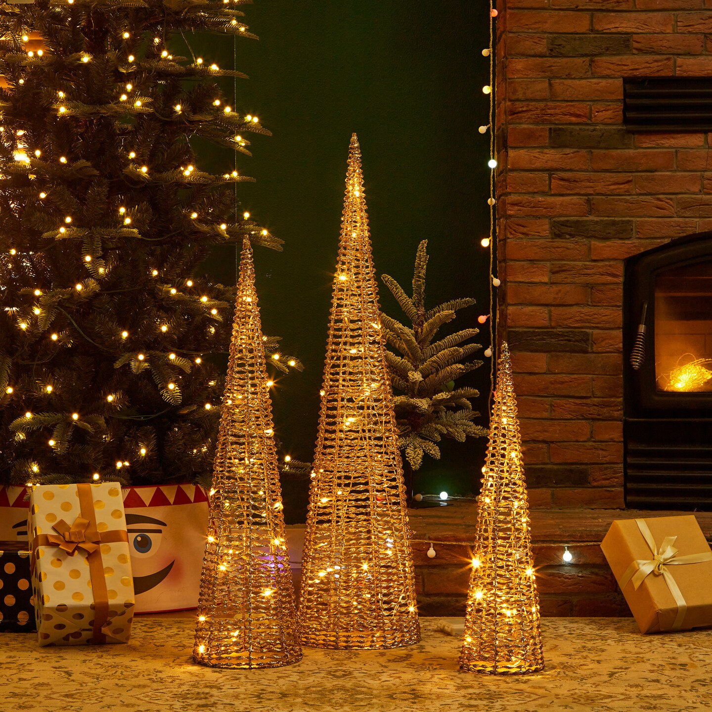 Set of 3 Lighted Christmas Plastic Champagne Gold Cone Tree with 65 Warm White LED Lights