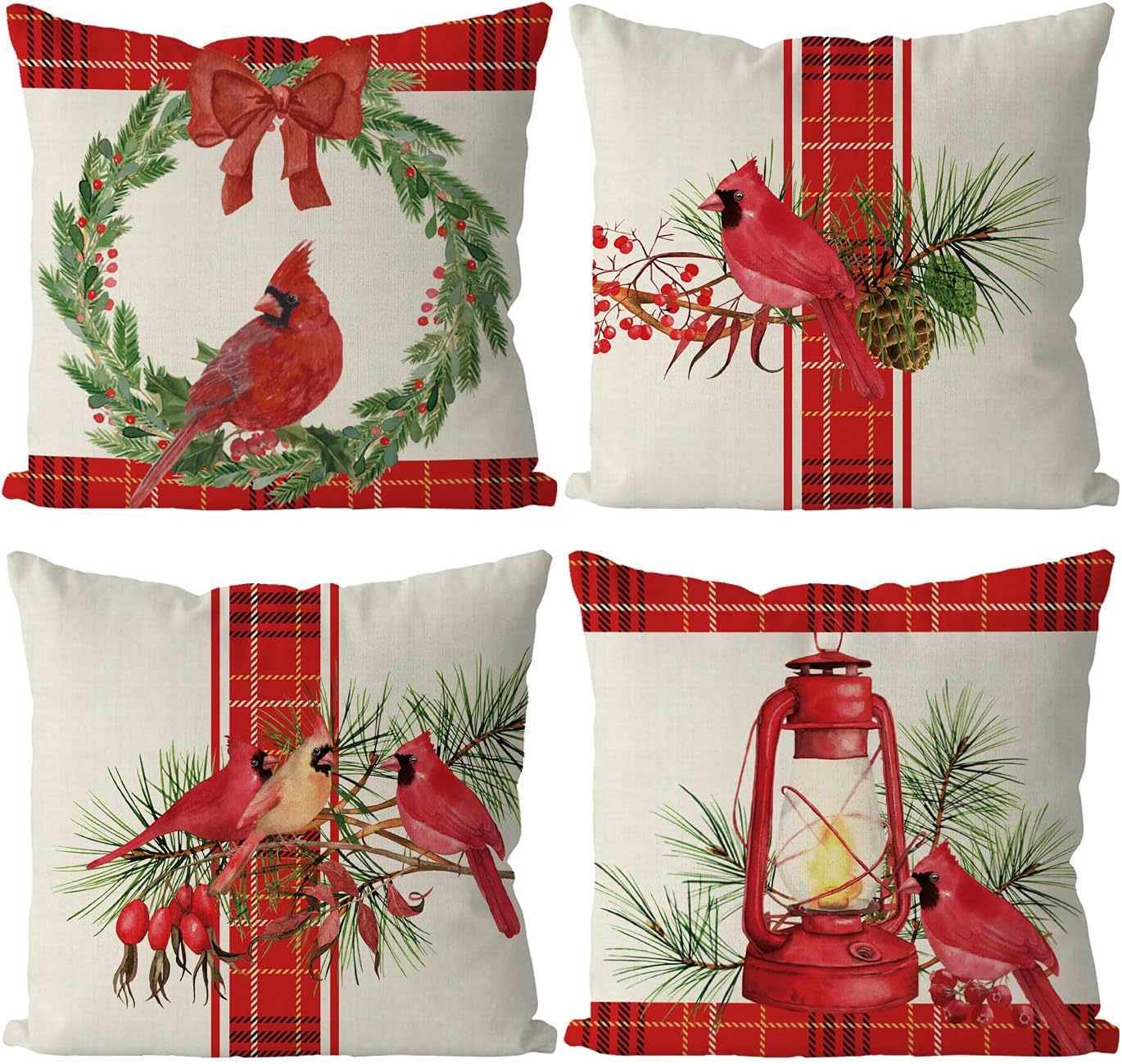 Christmas Pillow Covers 18 x 18 Inch Set of 4 Christmas Cardinal Red Buffalo Check Farmhouse Throw Pillowcase Party Decorations Winter Home Decor Case for Sofa Couch