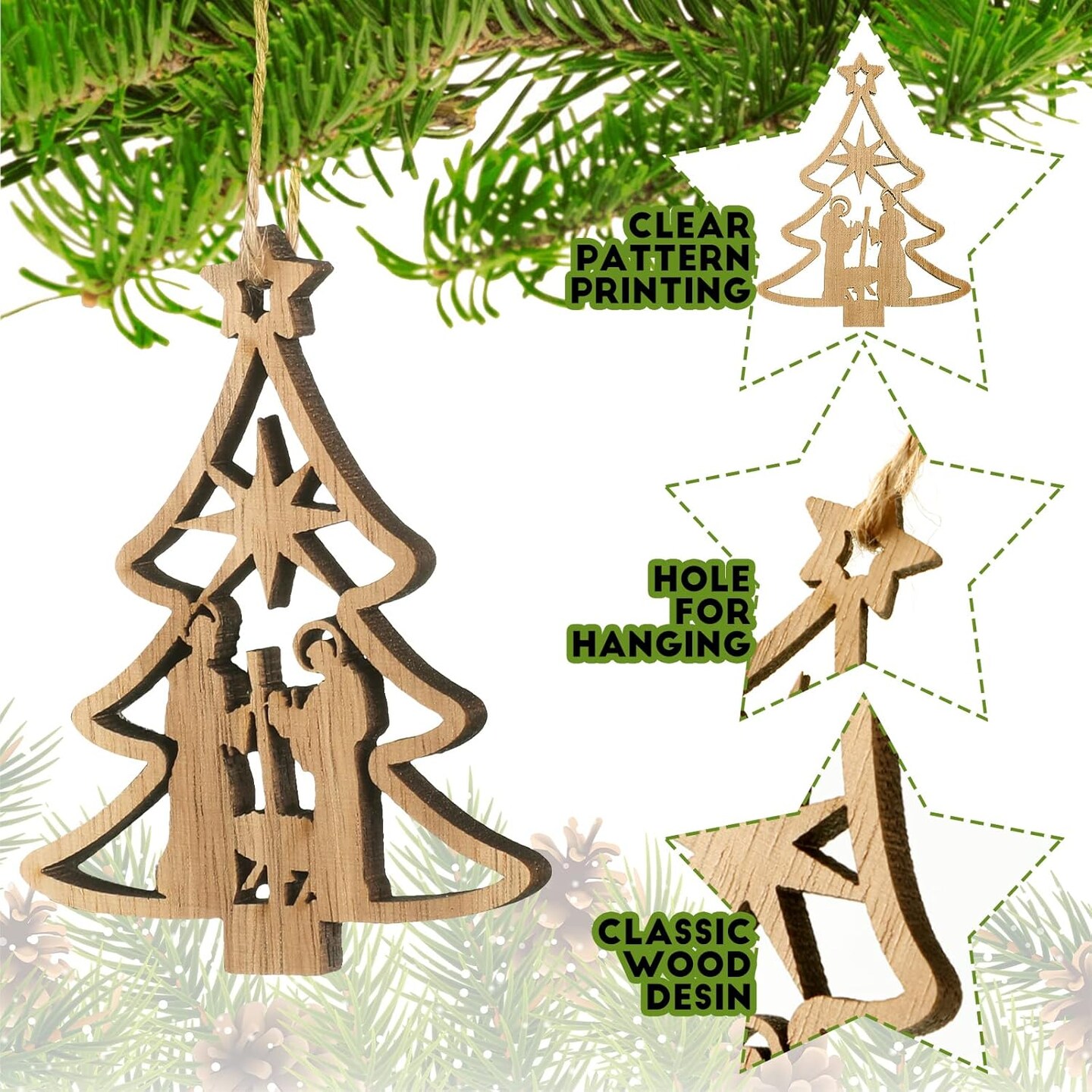 24 Pieces Christmas Nativity Scene Christian Ornaments Wooden Hanging Ornament Gifts The Birth of Jesus Decoration Religious Gifts for Xmas Tree Indoor Outdoor Family and Christian