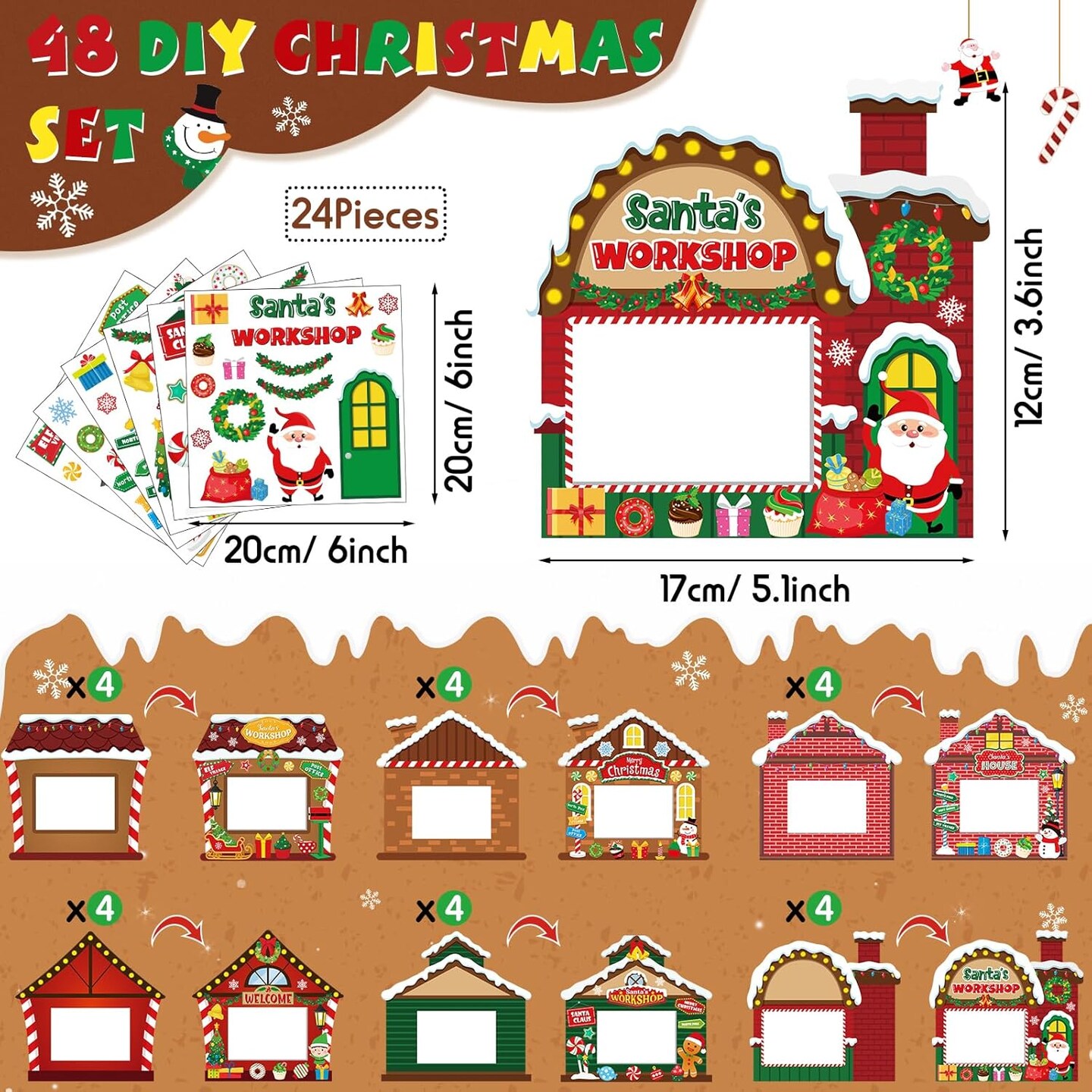 24 Pack Christmas Picture Frame Craft Ornament Kits DIY Christmas Picture Frames Xmas Holiday Santa&#x27;s Workshop Picture Frame Craft Ornaments for Christmas Tree Decor Group Game Activities