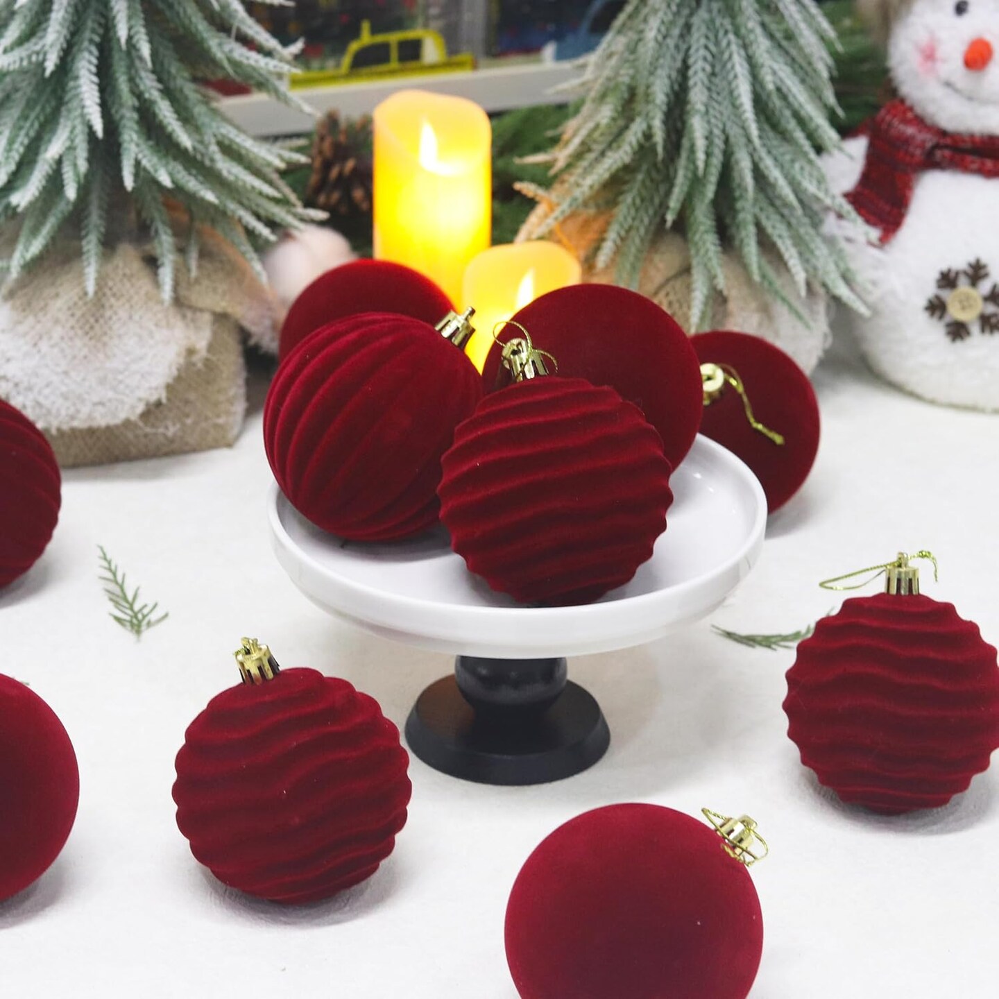 Velvet Christmas Balls Flocked Christmas Tree 3.15inch Ornaments 12PCS Plastic Balls Xmas Hanging Ornaments Decoration Red