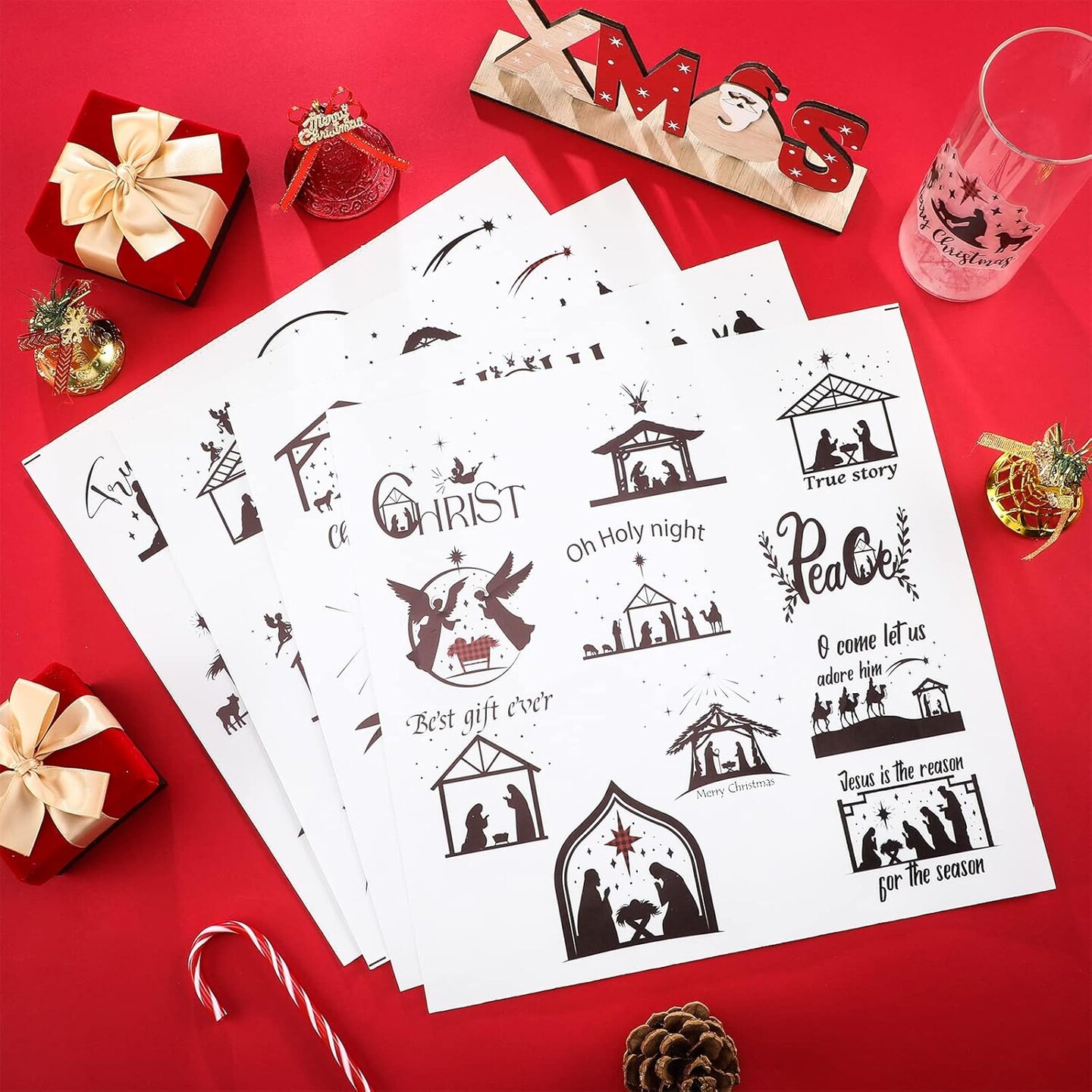 80 Pieces Nativity Mason Jar Vinyl Decals Nativity Stickers Nativity Manger Scene Sticker Santa Wreath Christmas Stickers for Glass Jar Window Bottle Gift Box Decorations, 40 Styles (Nativity)