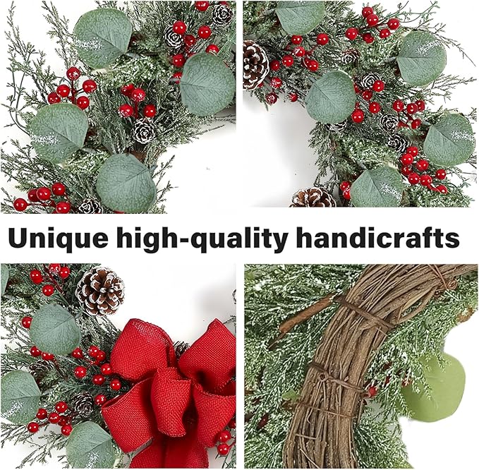 20 Inch Artificial Christmas Wreath Christmas Wreaths for Front Door with Pine Needles Pine Cones Red Berries Eucalyptus Leaves Red Bow for Home Office Wall Window Fireplace Winter Holidays