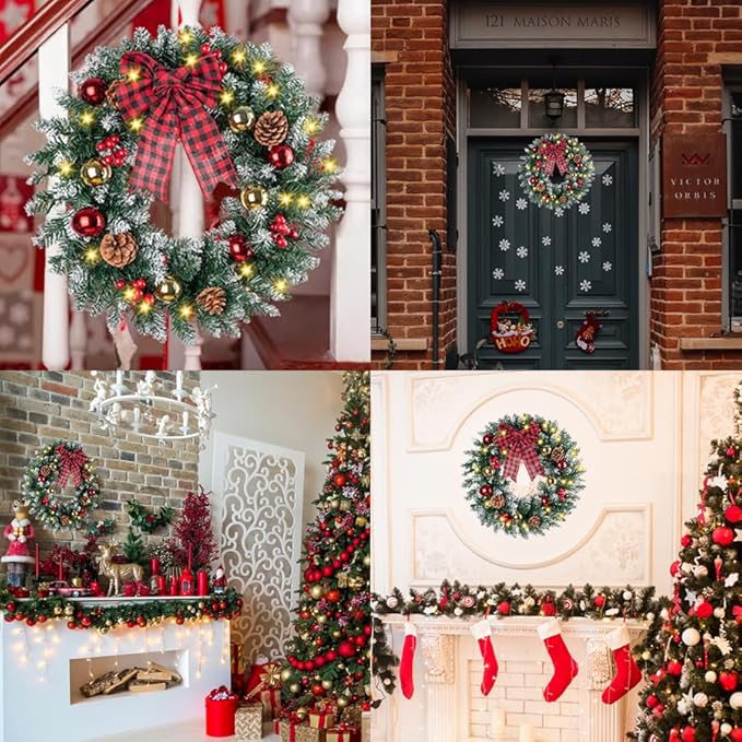 Christmas Wreath for Front Door with Lights, Christmas Lighted Wreath with Red Bow, Ball, Pine Cones for Door Window Wall Xmas Holiday Decoration