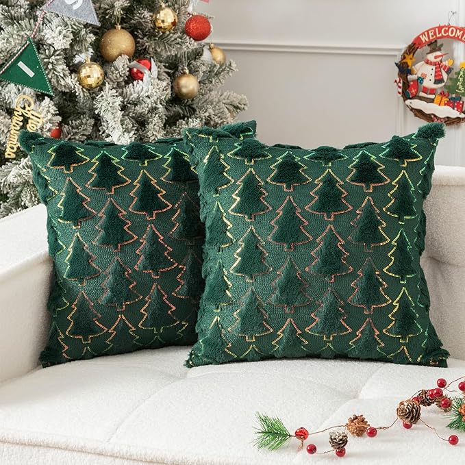 Christmas Tree Decorative Pillow Covers 18x18 Inch Set of 2 Soft Plush Faux Fur Luxury Sparkling Sequin Pattern Throw Pillows Pillowcases for Couch Sofa Holiday Festivals Home Decor, Dark Green