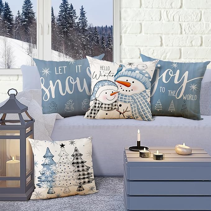 Christmas Pillow Covers 18x18 Set of 4, Winter Snowman Joy Snowflake Throw Pillow Covers Let it Snow Xmas Tree Home Decor for Pillow Case Happy Holiday Cushion Case for Sofa Couch