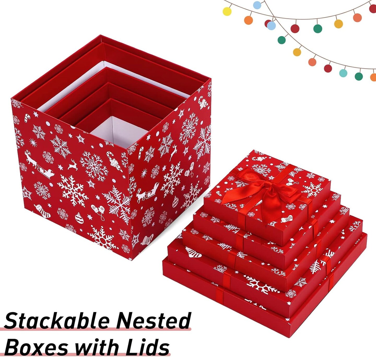 5 Pieces Christmas Nesting Gift Boxes with Lids Snowflake and Elk Designs Nested Hard Christmas Boxes Stackable Xmas Nested Paper Box with Ribbon for Gift Storage Decorating, Assorted Sizes