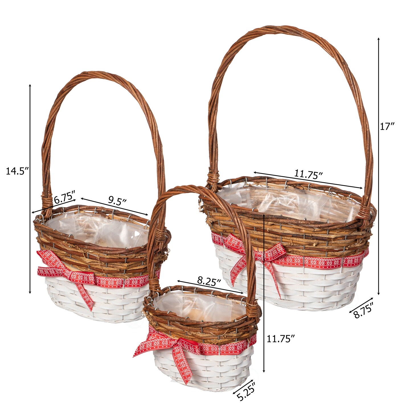 Wickerwise Set of 3 Rattan Woven Baskets with Handle and Plastic Lining, Sturdy and Stylish Picnic and Gift Baskets - Ideal as Fruit Basket, for Storing Picnic Accessories, Garden Items and Home Decor