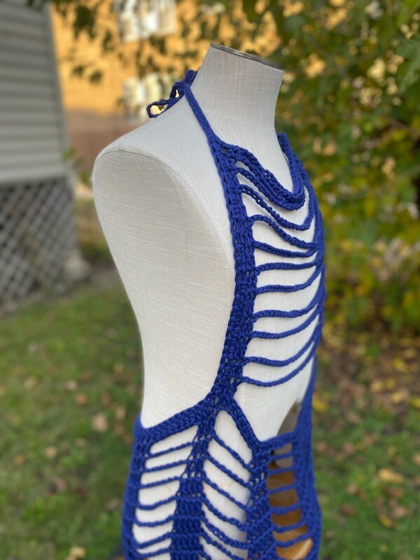 product name is Open work Apron Dress - Cobalt Blue