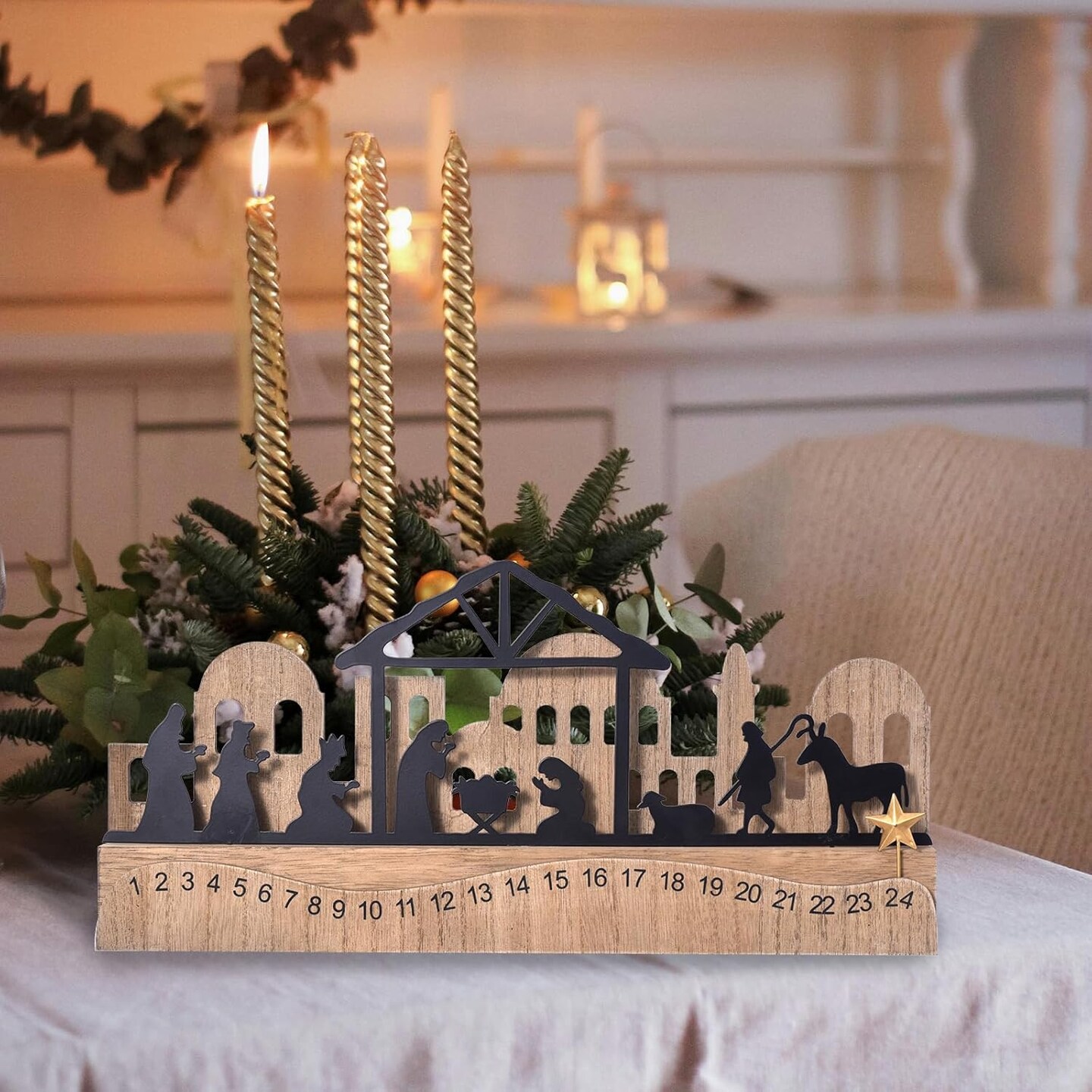 Nativity Sets for Christmas Countdown Calendar, Indoor Rustic Nativity Christmas Decor with Wooden Base 3D Design, Xmas Manger Nativity Scene for Tabletop Office Shelf Mantel Decoration (Black)
