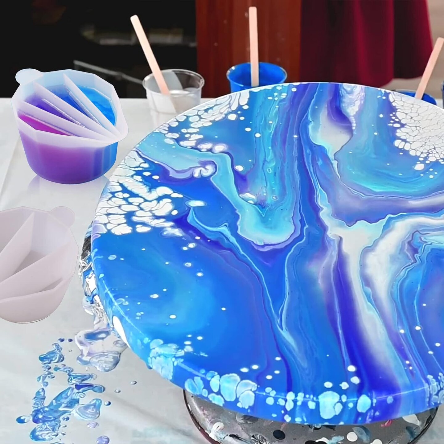 LET'S RESIN Silicone Split Cups,4Pcs Thicken&Reusable Resin Mixing Cups with 2-5Channels,Dividers Paint Supplies,Fluid Art for Resin Crafts,Acrylic Paint Pouring,Drawing, White