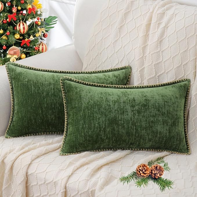 Christmas Chenille Soft Throw Pillow Covers 12x20 Set of 2, Lumbar Velvet Farmhouse Pillow Covers, Decorative Pillow Covers with Stitched Edge for Couch Sofa Bed, Forest Elf