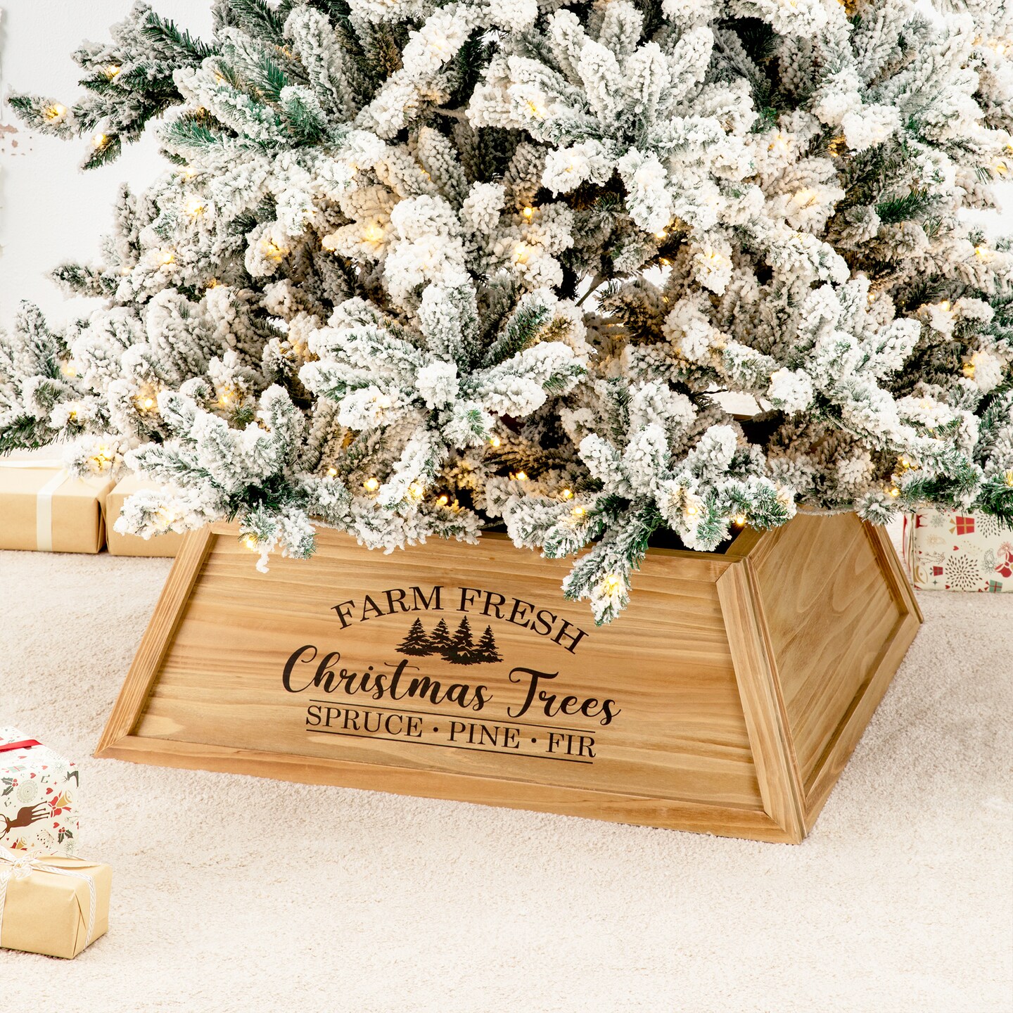 26&#x22;L Wooden Trapezoid Farm Fresh Christmas Trees Tree Collar