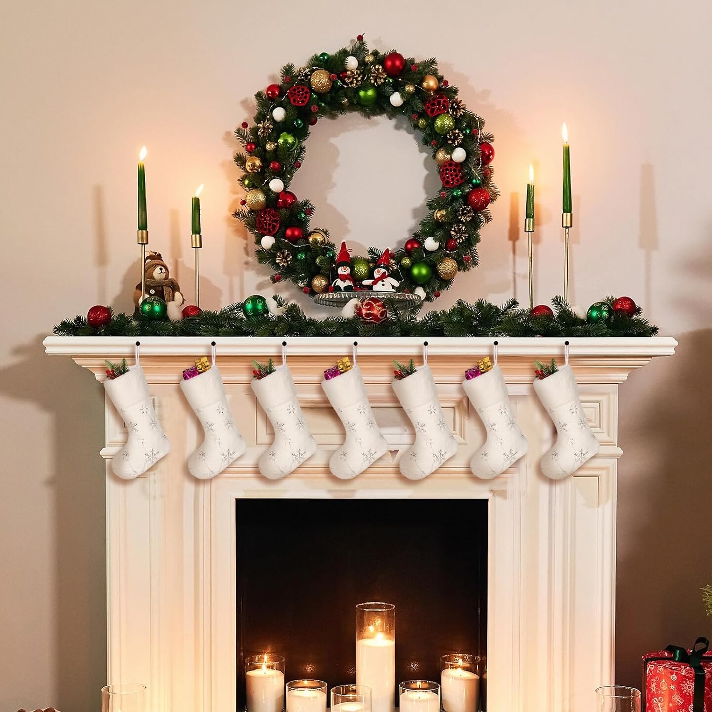 12 Pcs 9 Inch Mini Christmas Stockings Faux Fur Xmas Stockings Small Plush Sequin Snowflake Stockings for Family Holiday Party Hanging Decoration Decor Gift (White, Silver)