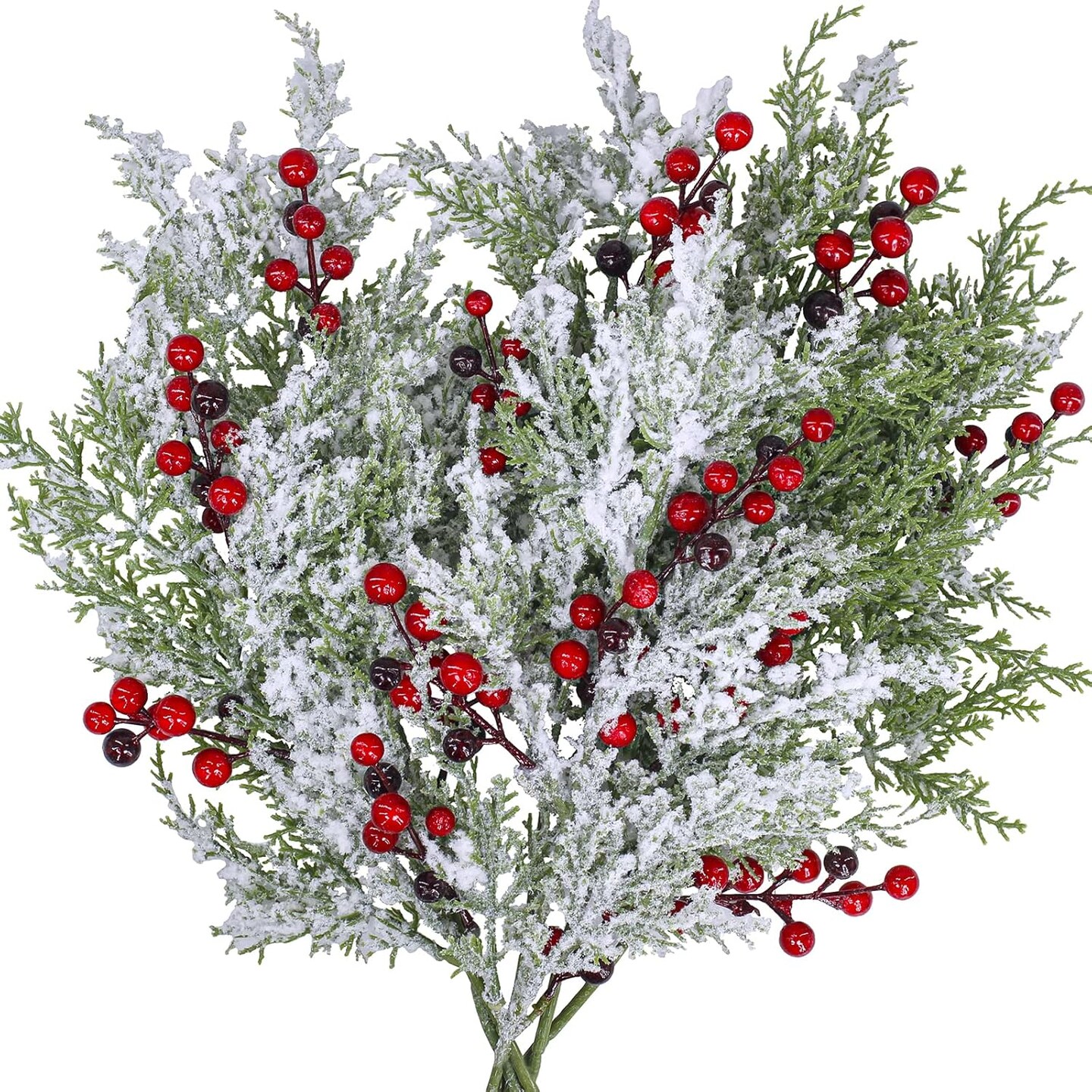 6 Pcs Snowy Artificial Cedar Picks with Red Berries Frosted Faux Cedar Sprays Christmas Cedar Greenery Branches Stems for Christmas Tree Wreath Floral Arrangement Vase Winter Holiday Décor