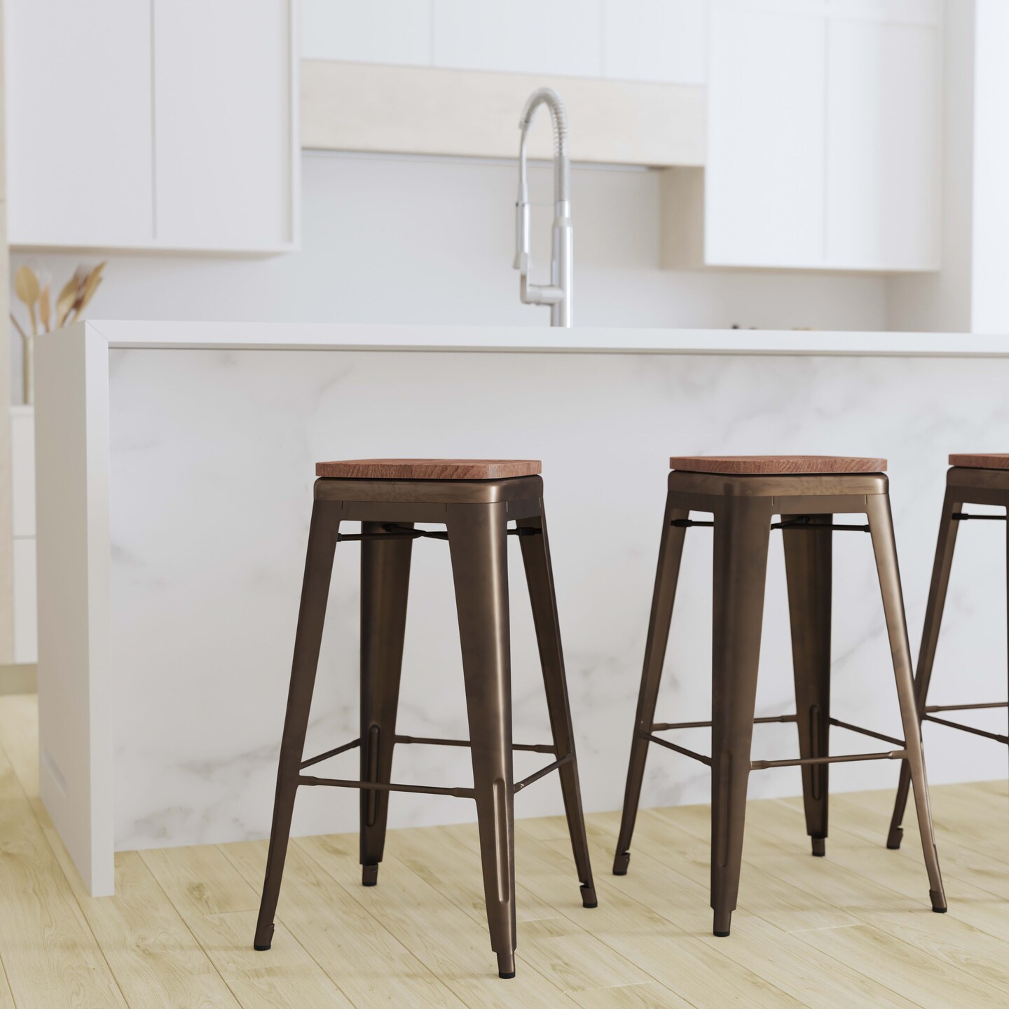 Merrick Lane Brooklyn Set of Four Metal Backless Wood Square Seat Bar Stools With Cross Braces