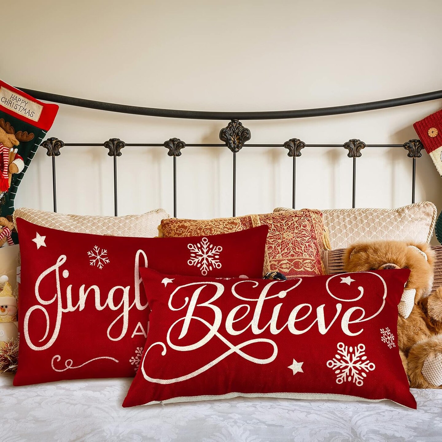 2 Pieces Christmas Pillow Covers 20 x 12 Inch Xmas Throw Pillow Covers Xmas Believe Pillow Cases Red Xmas Cushion Cover Rectangle Xmas Linen Pillowcases for Home Bedroom Christmas Decorations