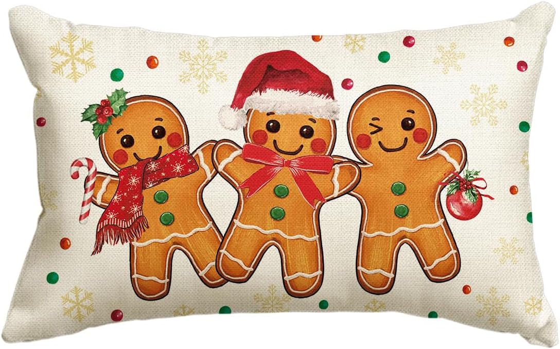 Christmas Gingerbread Man Snowflake Throw Pillow Cover, 12 x 20 Inch Winter Holiday Cushion Case Decoration for Sofa Couch