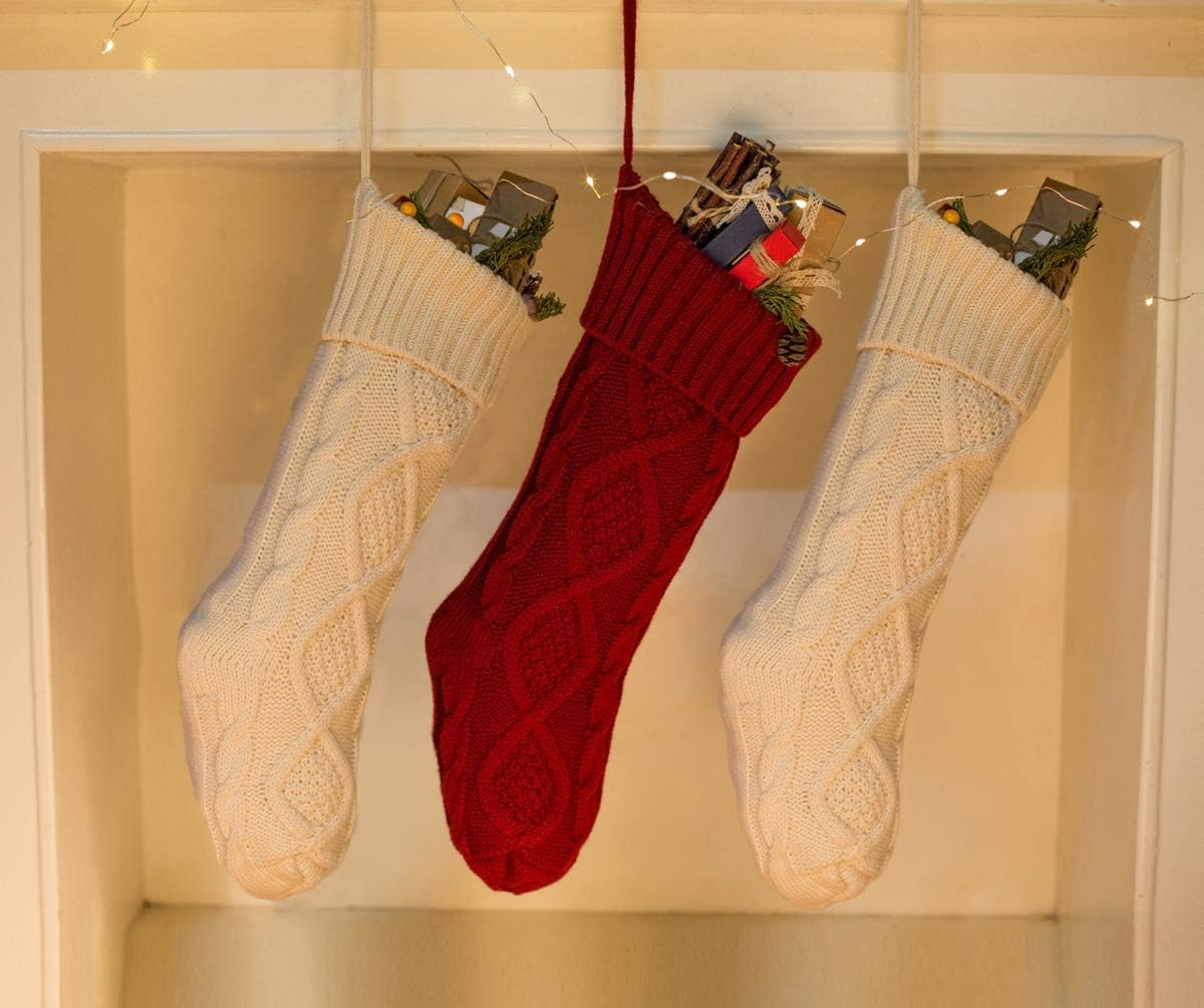 Cable Knit Christmas Stockings Kits Solid Color White Ivory Classic Decorations 18", Set of 2