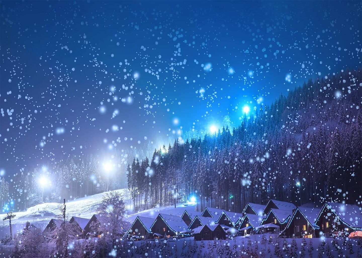 7x5ft Fabric Winter Christmas Village Backdrop Blue Night Sky Snow Scene Snowfall Snowflakes Fir Trees Forest Backdrop Winter Wonderland Christmas Party Decorations Kids Family Photo Props