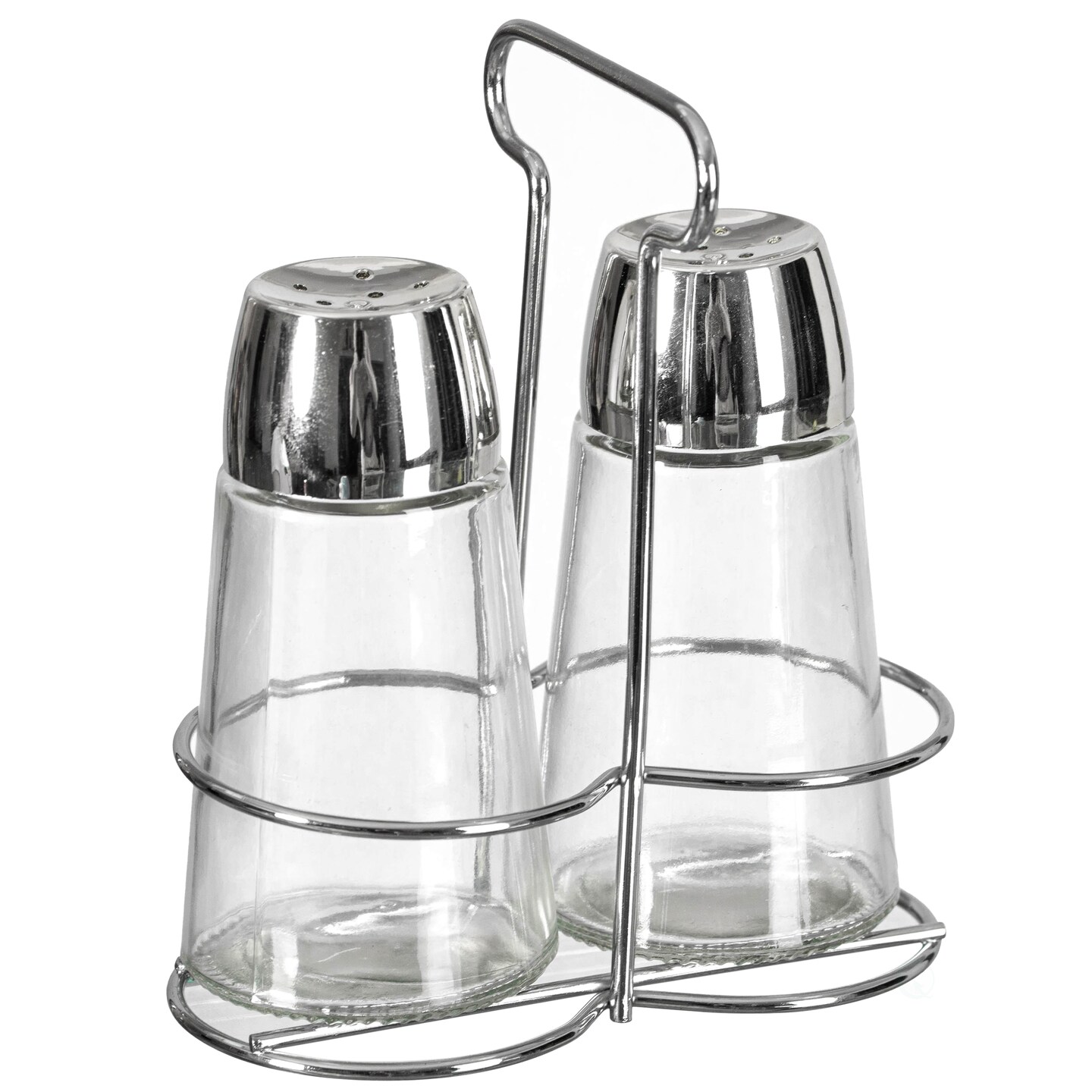 Basicwise Multifunctional Glass Salt and Pepper Shaker Set with Stainless Steel Holder - Perfect for Kitchen Counters, Kitchen Tables, Dining Tables, and Restaurants, Featuring a Refillable Design