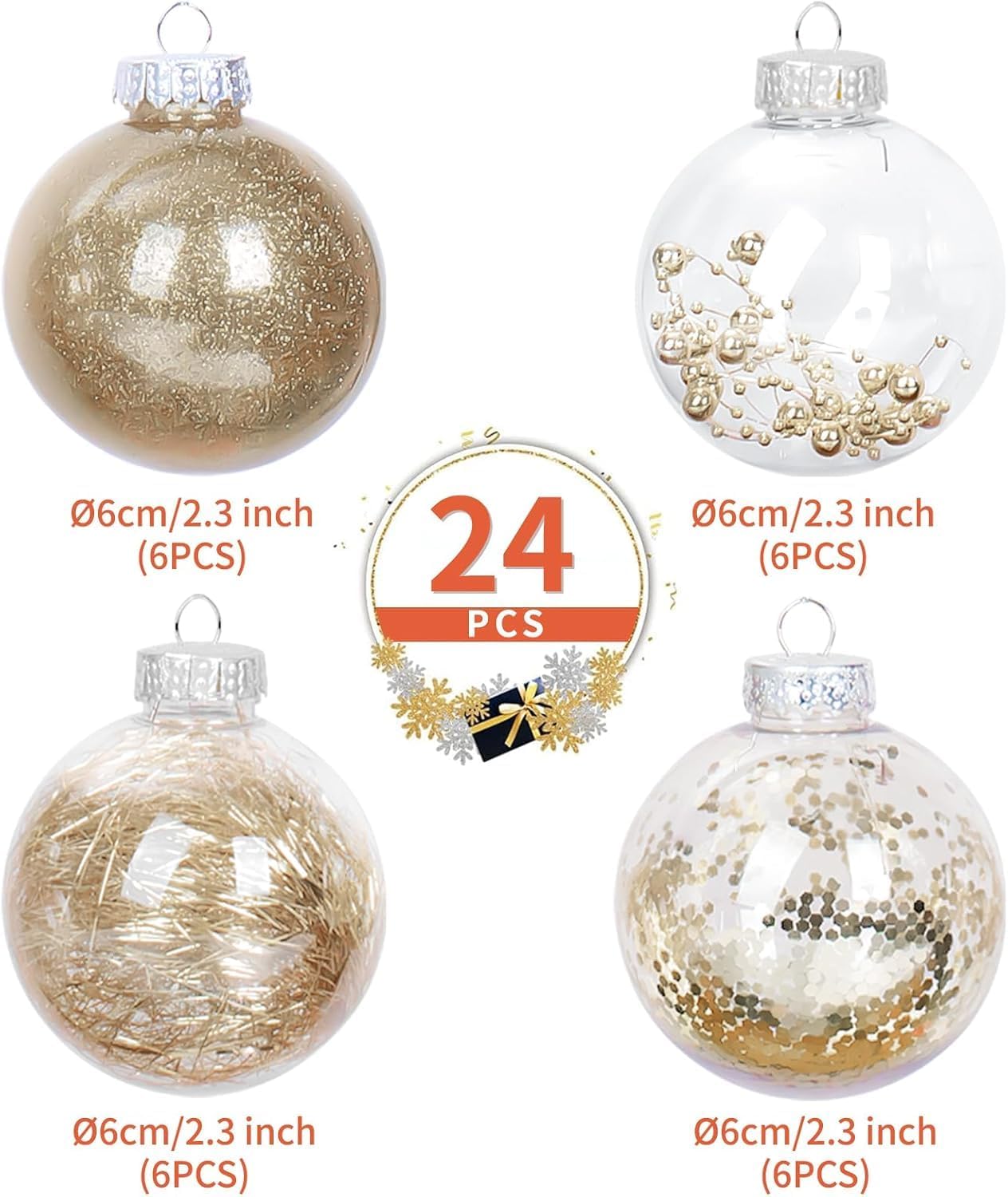 Champagne Christmas Ornaments Set, 24PCS 2.36&#x22; Christmas Tree Ornaments, Shatterproof Clear Plastic Christmas Ball Ornaments, Hanging Xmas Baubles with Stuffed Delicate Decorations