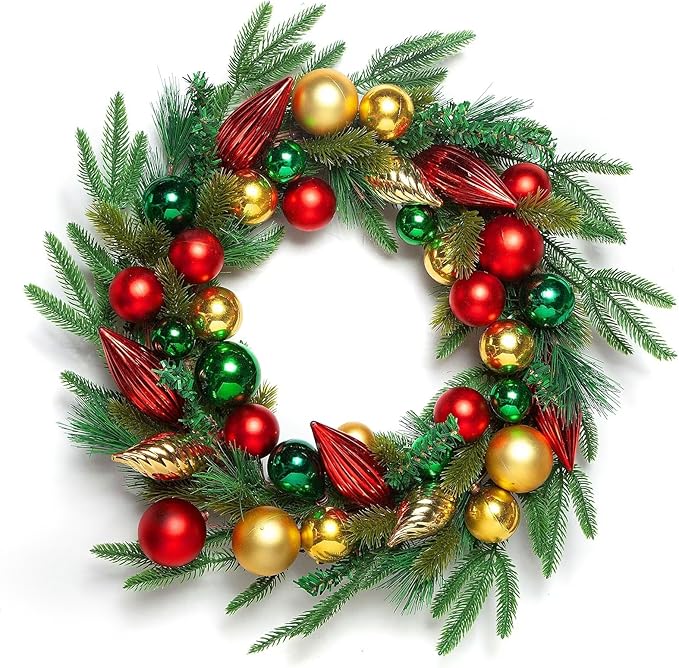 Christmas Wreath Door Decoration, 24&#x22; Large Christmas Wreath for Front Door Winter Outdoor Wreath with Nuts, Color Balls Ornaments Xmas Wreaths for Home Windows Wall Porch Decor