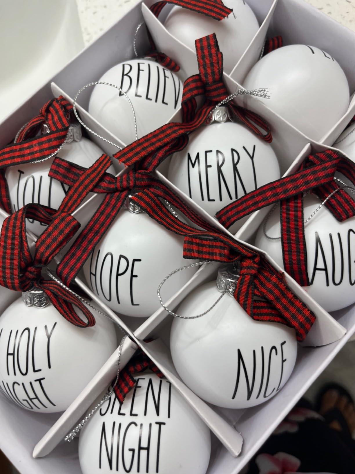 Set of 12 Christmas Ball Ornaments Shatterproof White Bulbs with Buffalo Plaid Bows Farmhouse Christmas Tree Decor Decorative Christmas Tree Hanging Ornaments