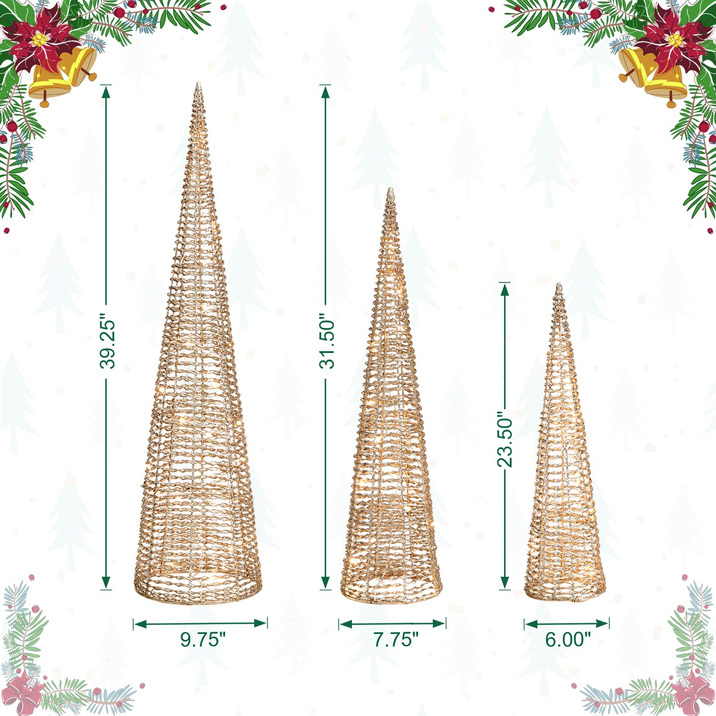 Set of 3 Lighted Christmas Plastic Champagne Gold Cone Tree with 65 Warm White LED Lights