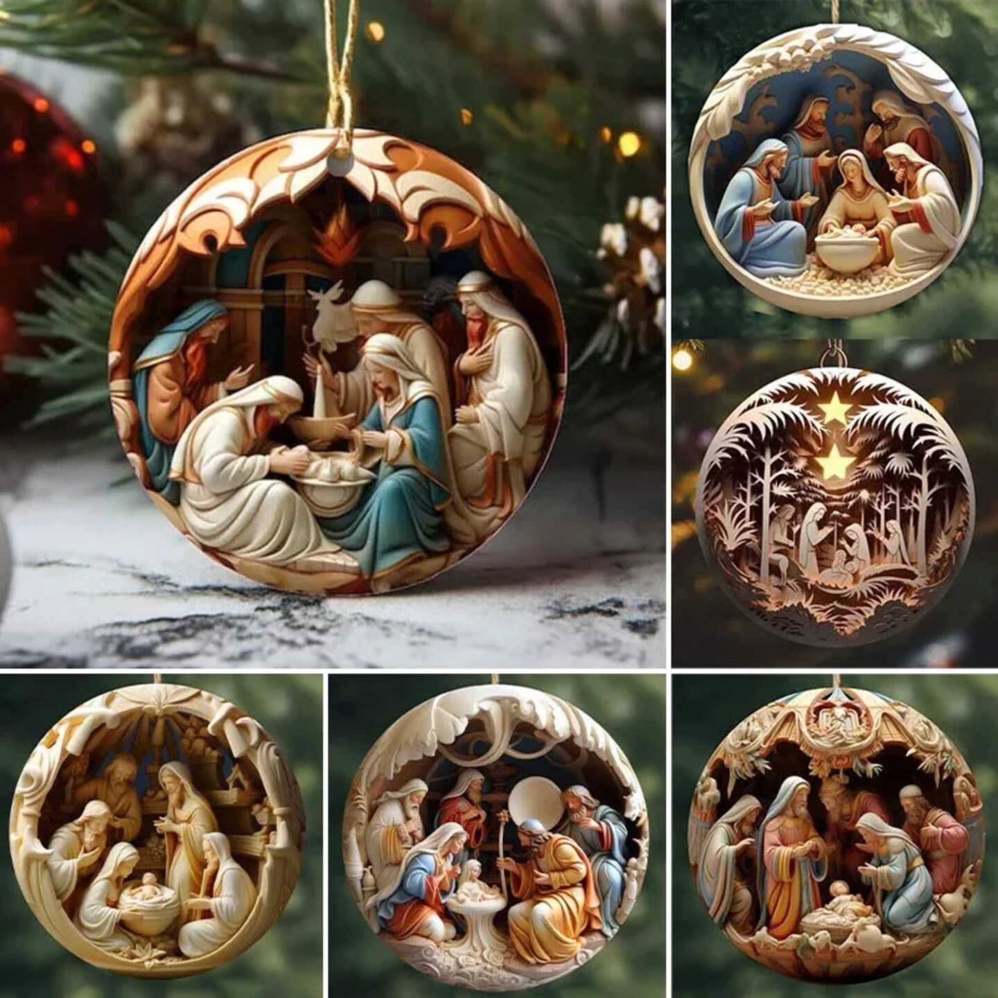 Kitcheniva 2D Wooden Vintage Birth of Jesus Nativity Scene Christmas Ornaments
