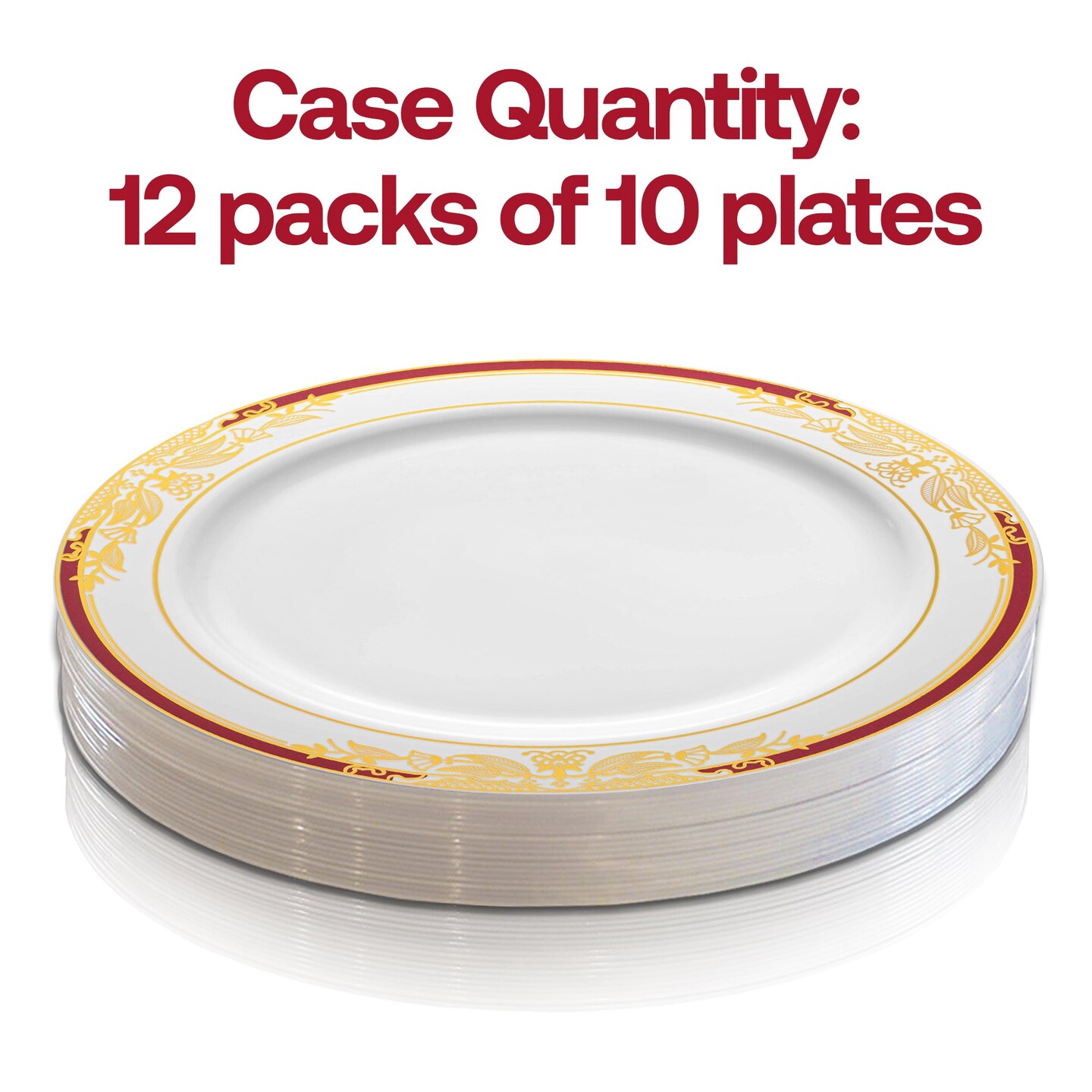 White with Burgundy and Gold Harmony Rim Plastic Dinner Plates - 10.25" (120 Plates)